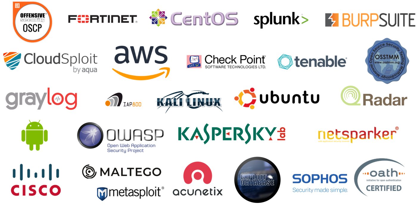Tools and methodologies we use: OSCP, Fortinet, CentOS, Splunk, Burp Suite, CloudSploit, AWS, Check Point, Tenable, OSSTMM, Graylog, IAP800, Kali Linux, Ubuntu, QRadar, Android, OWASP, Kaspersky Lab, Netsparker, Cisco, Maltego, Metasploit, Acunetix, Exploit Database, Sophos, OATH Certified